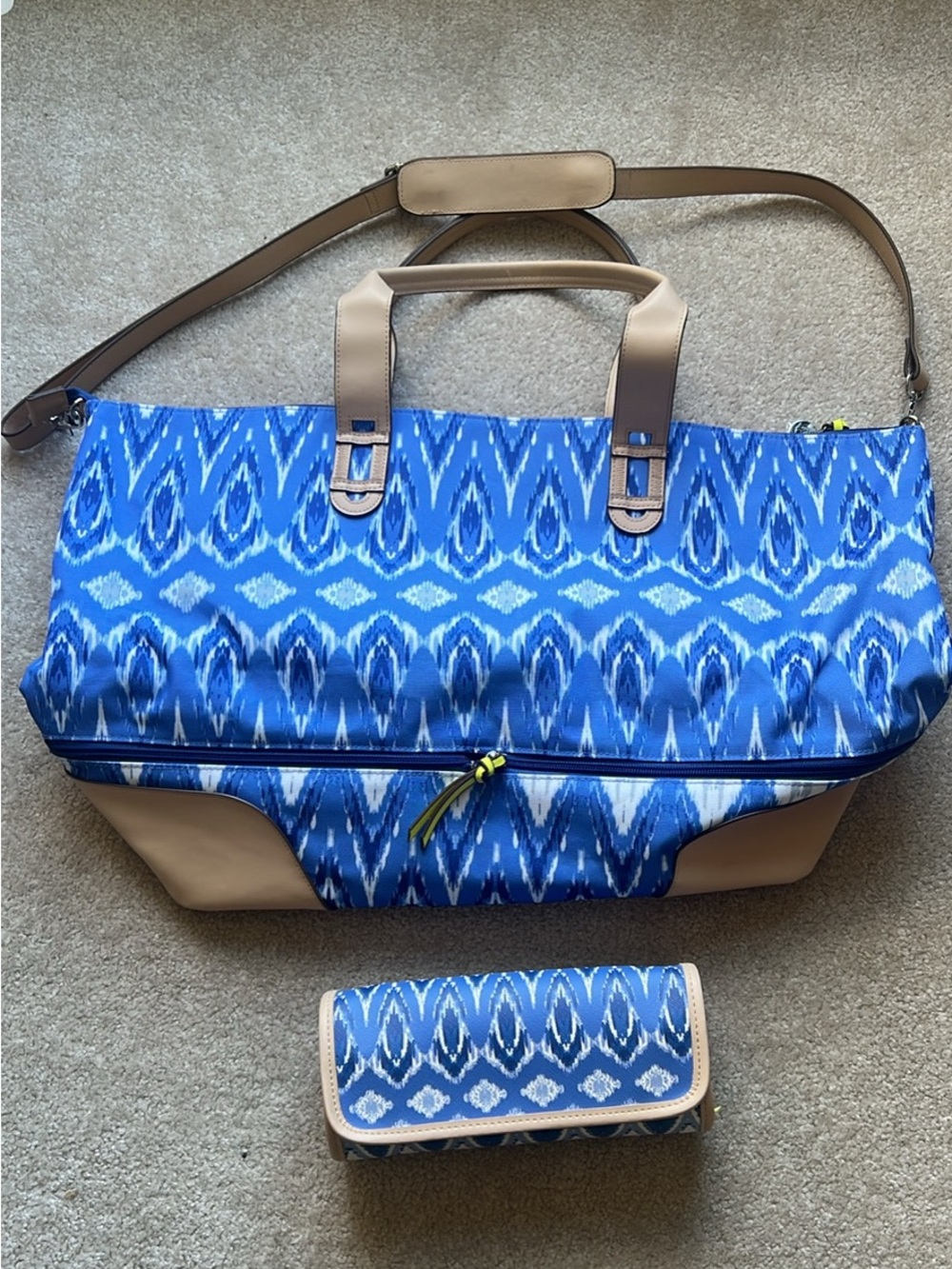 Blue Ikat Weekender Bag and Jewelry Roll with Tan Accents